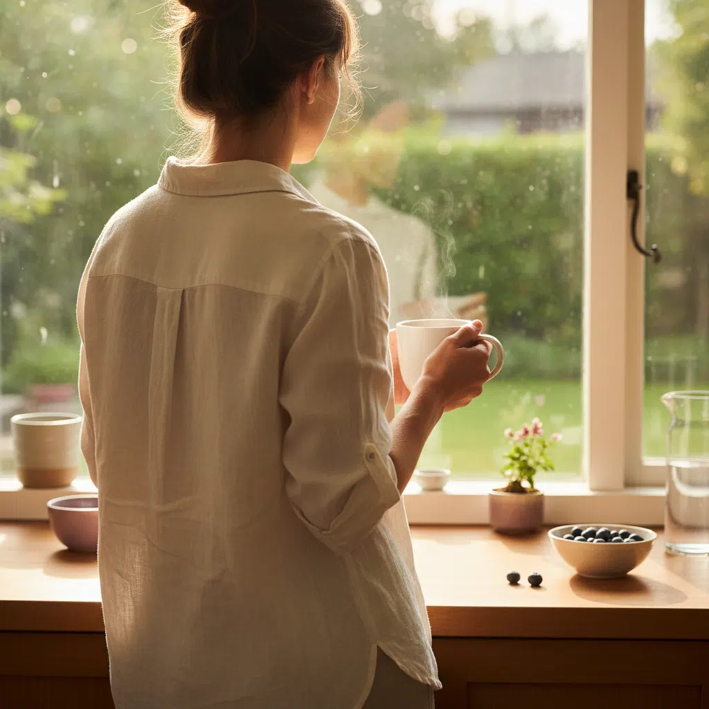 Person von hinten am Küchenfenster mit Kaffeebecher in der Hand, ruhige Morgenatmosphäre